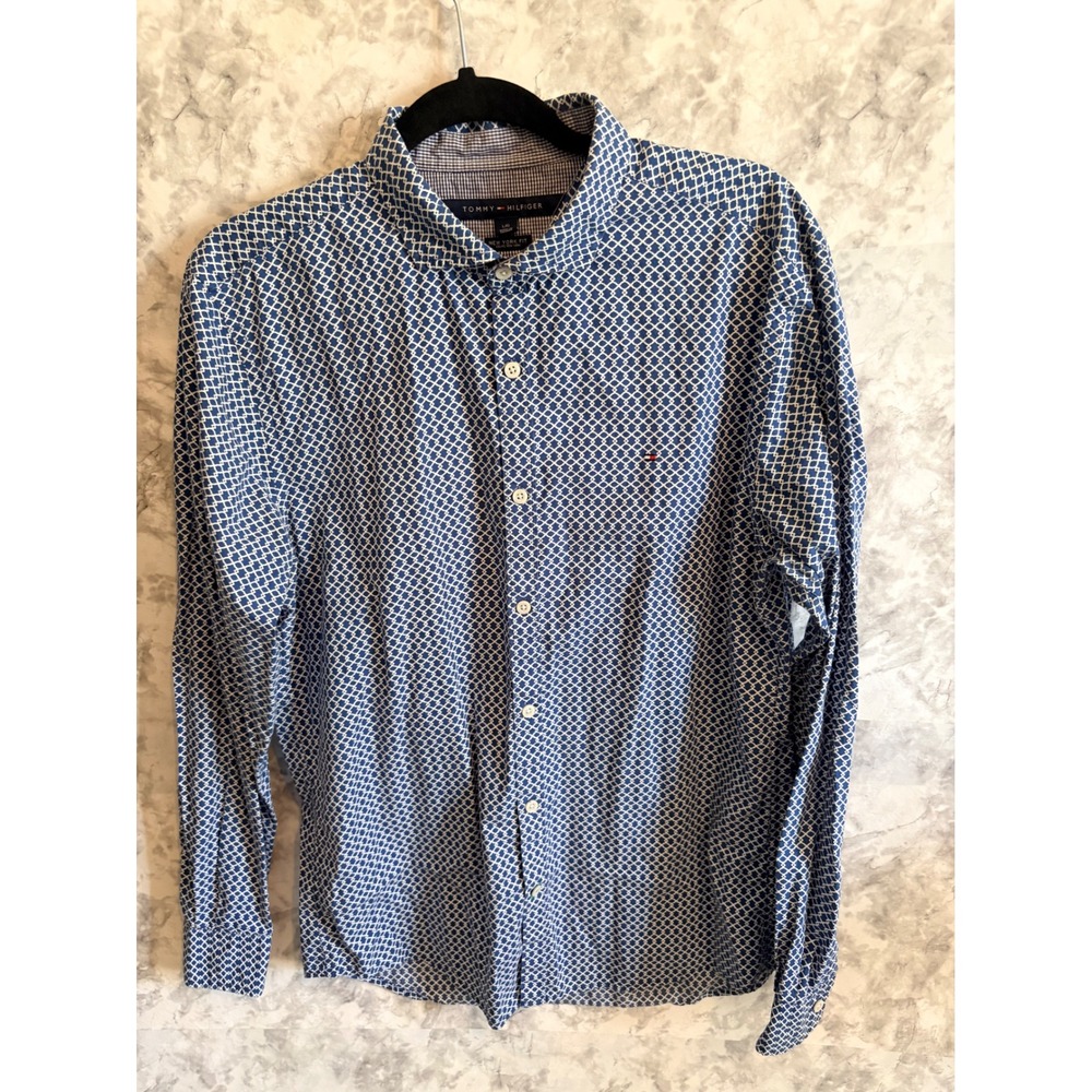 Tommy Hilfiger New York Fit Button Down‎ Shirt Blue Geometric Print L